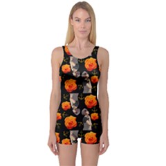 Girl With Roses And Anchors Black One Piece Boyleg Swimsuit