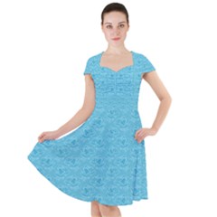 Retro Blue Pattern Cap Sleeve Midi Dress