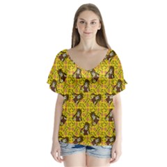 Girl With Popsicle Yellow Floral V-neck Flutter Sleeve Top by snowwhitegirl