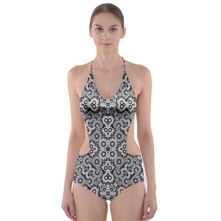 Geometric Stylized Floral Pattern Cut-Out One Piece Swimsuit