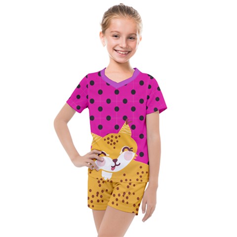 Magenta & Orange Adorable Cheetah Print Kids  Mesh Tee And Shorts Set by PattyVilleDesigns