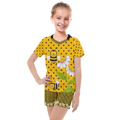 Yellow & Black Polka Dots & Bees Pattern Kids  Mesh Tee And Shorts Set by PattyVilleDesigns
