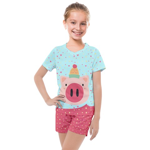 Light Sky Blue Adorable Piggy Pig Print Kids  Mesh Tee And Shorts Set by PattyVilleDesigns