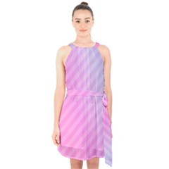 Diagonal Pink Stripe Gradient Halter Collar Waist Tie Chiffon Dress