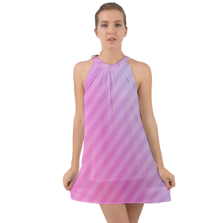 Diagonal Pink Stripe Gradient Halter Tie Back Chiffon Dress