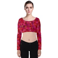 Maroon Dark Red Triangle Mosaic Velvet Long Sleeve Crop Top