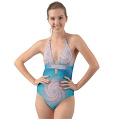 Decorative Background Blue Halter Cut-out One Piece Swimsuit