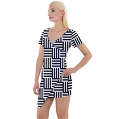 Basket Black Lines Stripes White Short Sleeve Asymmetric Mini Dress by Sapixe