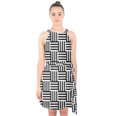 Basket Black Lines Stripes White Halter Collar Waist Tie Chiffon Dress by Sapixe