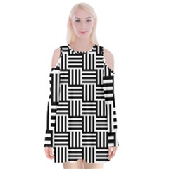 Basket Black Lines Stripes White Velvet Long Sleeve Shoulder Cutout Dress