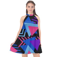Memphis Pattern Geometric Abstract Halter Neckline Chiffon Dress 