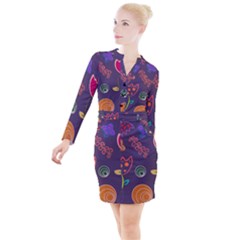 Background Decorative Floral Button Long Sleeve Dress