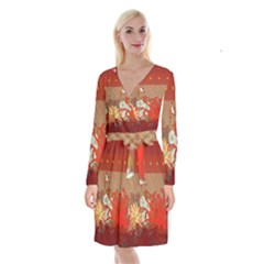 Abstract Background Flower Design Long Sleeve Velvet Front Wrap Dress