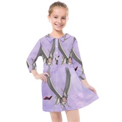 Cute Little Pegasus With Butterflies Kids  Quarter Sleeve Shirt Dress by FantasyWorld7