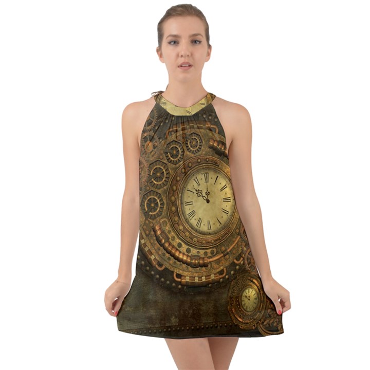 Awesome Steampunk Design, Clockwork Halter Tie Back Chiffon Dress