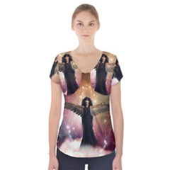 Awesome Dark Fairy In The Sky Short Sleeve Front Detail Top by FantasyWorld7