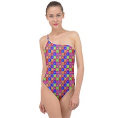 Numbers And Vowels Colorful Pattern Classic One Shoulder Swimsuit by dflcprints