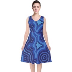 Aboriginal Art - Blue Campsites V-neck Midi Sleeveless Dress 