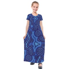 Aboriginal Art - Blue Campsites Kids  Short Sleeve Maxi Dress