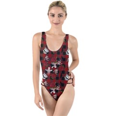 Gothic Woman Rose Bats Pattern High Leg Strappy Swimsuit by snowwhitegirl