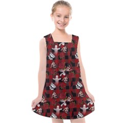 Gothic Woman Rose Bats Pattern Kids  Cross Back Dress by snowwhitegirl