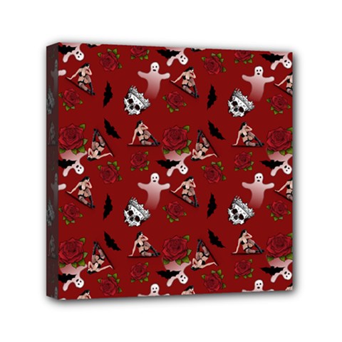 Gothic Woman Rose Bats Pattern Red Mini Canvas 6  X 6  (stretched) by snowwhitegirl