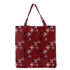 Gothic Woman Rose Bats Pattern Red Grocery Tote Bag by snowwhitegirl