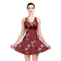 Gothic Woman Rose Bats Pattern Red Reversible Skater Dress