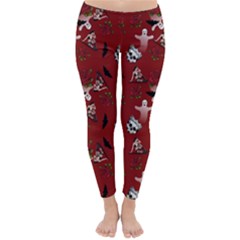 Gothic Woman Rose Bats Pattern Red Classic Winter Leggings