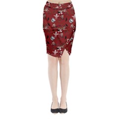 Gothic Woman Rose Bats Pattern Red Midi Wrap Pencil Skirt