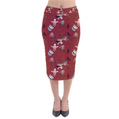 Gothic Woman Rose Bats Pattern Red Velvet Midi Pencil Skirt by snowwhitegirl