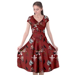 Gothic Woman Rose Bats Pattern Red Cap Sleeve Wrap Front Dress by snowwhitegirl