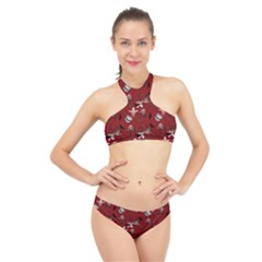 Gothic Woman Rose Bats Pattern Red High Neck Bikini Set