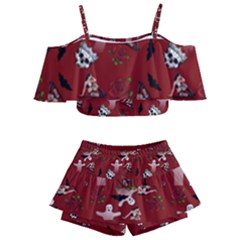 Gothic Woman Rose Bats Pattern Red Kids  Off Shoulder Skirt Bikini by snowwhitegirl