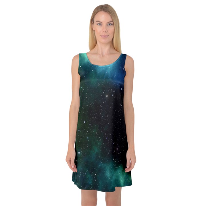 Galaxy Sky Blue Green Sleeveless Satin Nightdress