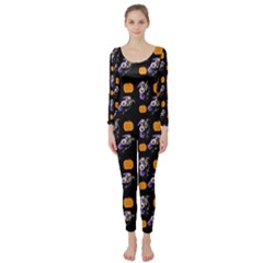 Halloween Skeleton Pumpkin Pattern Black Long Sleeve Catsuit