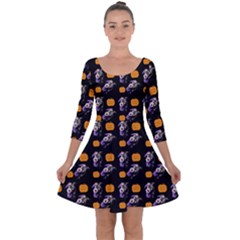 Halloween Skeleton Pumpkin Pattern Black Quarter Sleeve Skater Dress by snowwhitegirl