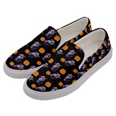 Halloween Skeleton Pumpkin Pattern Black Men s Canvas Slip Ons by snowwhitegirl