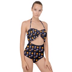 Halloween Skeleton Pumpkin Pattern Black Scallop Top Cut Out Swimsuit by snowwhitegirl