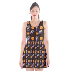 Halloween Skeleton Pumpkin Pattern Brown Scoop Neck Skater Dress by snowwhitegirl