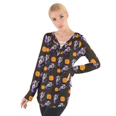 Halloween Skeleton Pumpkin Pattern Brown Tie Up Tee