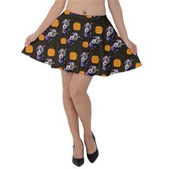 Halloween Skeleton Pumpkin Pattern Brown Velvet Skater Skirt by snowwhitegirl