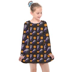 Halloween Skeleton Pumpkin Pattern Brown Kids  Long Sleeve Dress by snowwhitegirl