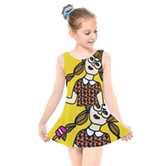 Girl With Popsicle Yellow Background Kids  Skater Dress Swimsuit