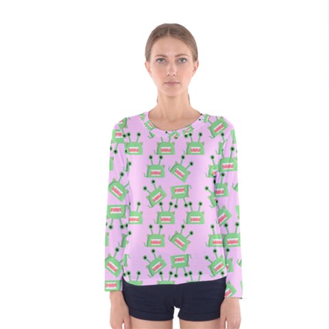 Green Alien Monster Pattern Pink Women s Long Sleeve Tee by snowwhitegirl