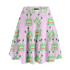 Green Alien Monster Pattern Pink High Waist Skirt by snowwhitegirl