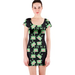 Green Alien Monster Pattern Black Short Sleeve Bodycon Dress by snowwhitegirl