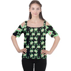 Green Alien Monster Pattern Black Cutout Shoulder Tee