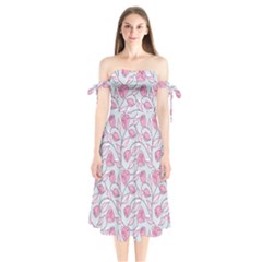 Pink Roses Pattern Shoulder Tie Bardot Midi Dress