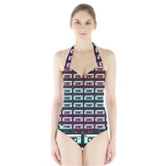 Three Color Ombre Cassette Halter Swimsuit